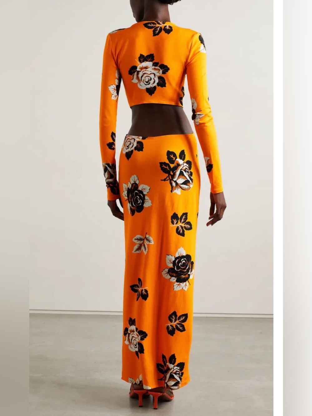 Bold Orange Floral Maxi Dress with Side Cutout and High Slit - Picture 3 of 7
